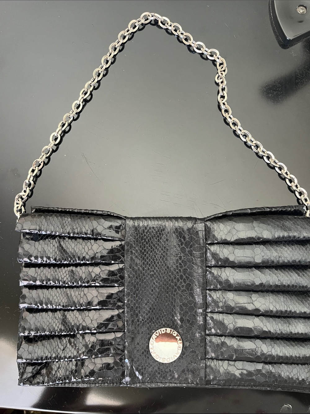 Vintage Black Eel/Snakeskin Textured Chain Shoulder Bag by David Sigal